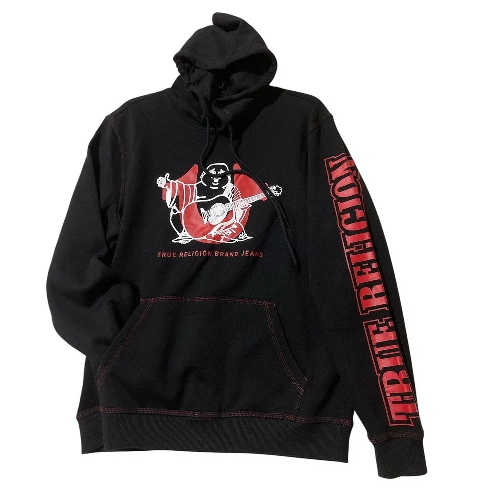 True Religion Mens Buddha Logo Hoodie Jet Black Red Contrast Stitch Medium $119‎